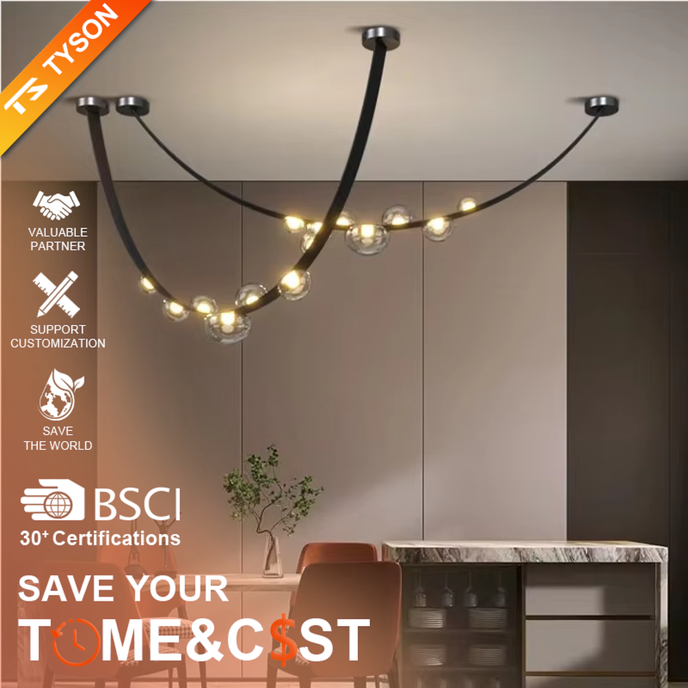 Modern creative curved black frame smoked glass ball chandelier, black curved metal bracket + multiple smoked glass spherical lampshades, soft and high-end lighting, creating a minimalist artistic atmosphere.