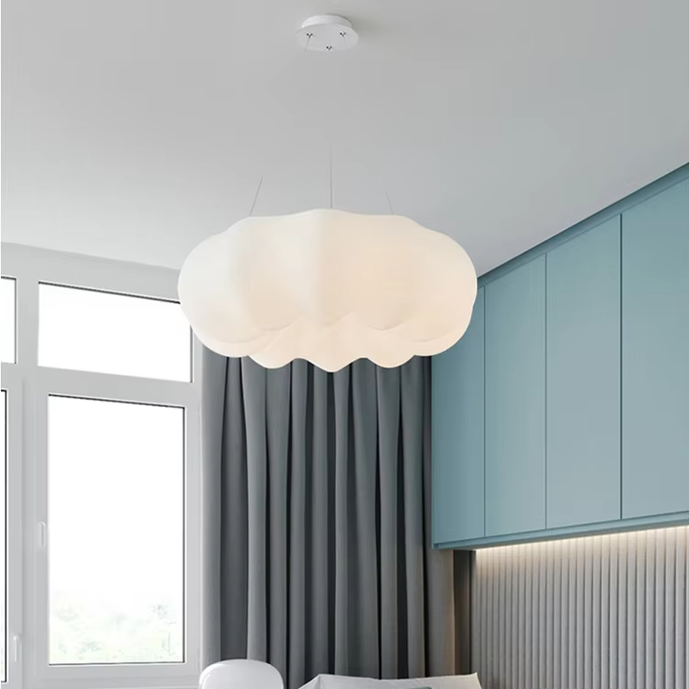 Modern minimalist cloud-shaped soft light chandelier, milk-white translucent material + warm light effect, creating a warm and healing home atmosphere.