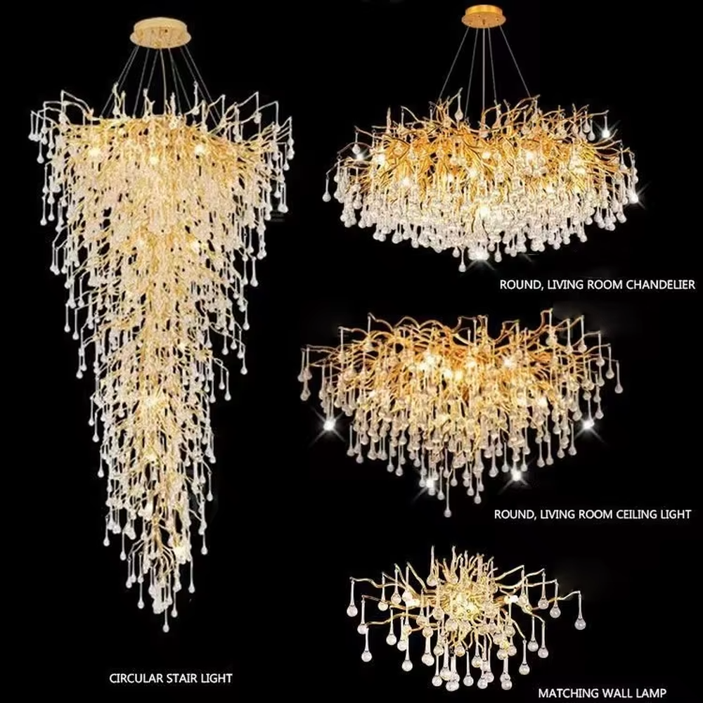 This is a luxurious artistic golden branch crystal chandelier, with a golden metal branch structure and numerous crystal leaves, featuring strong artistic sense and luxury. It is used for space lighting and decoration, creating a high-end luxurious atmosphere. Suitable for luxury villa living rooms, high-end hotel banquet halls, European-style restaurants and other places.