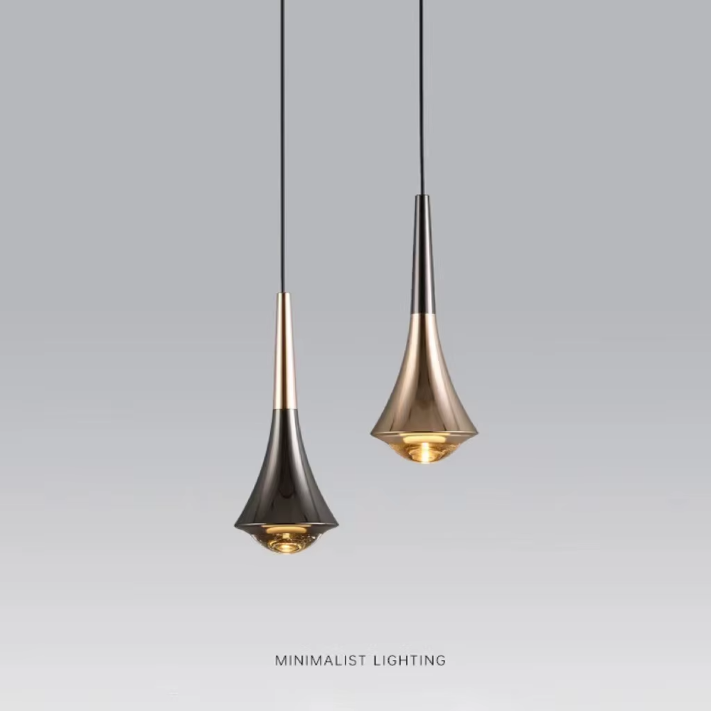 This minimalist light luxury conical small chandelier features a water-drop shape made of black-gold metal, with a thin gold rod on top, projecting soft light spots, serving both lighting and decorative purposes, ideal for bedroom bedside tables, dining bars, light luxury commercial spaces and other scenarios.