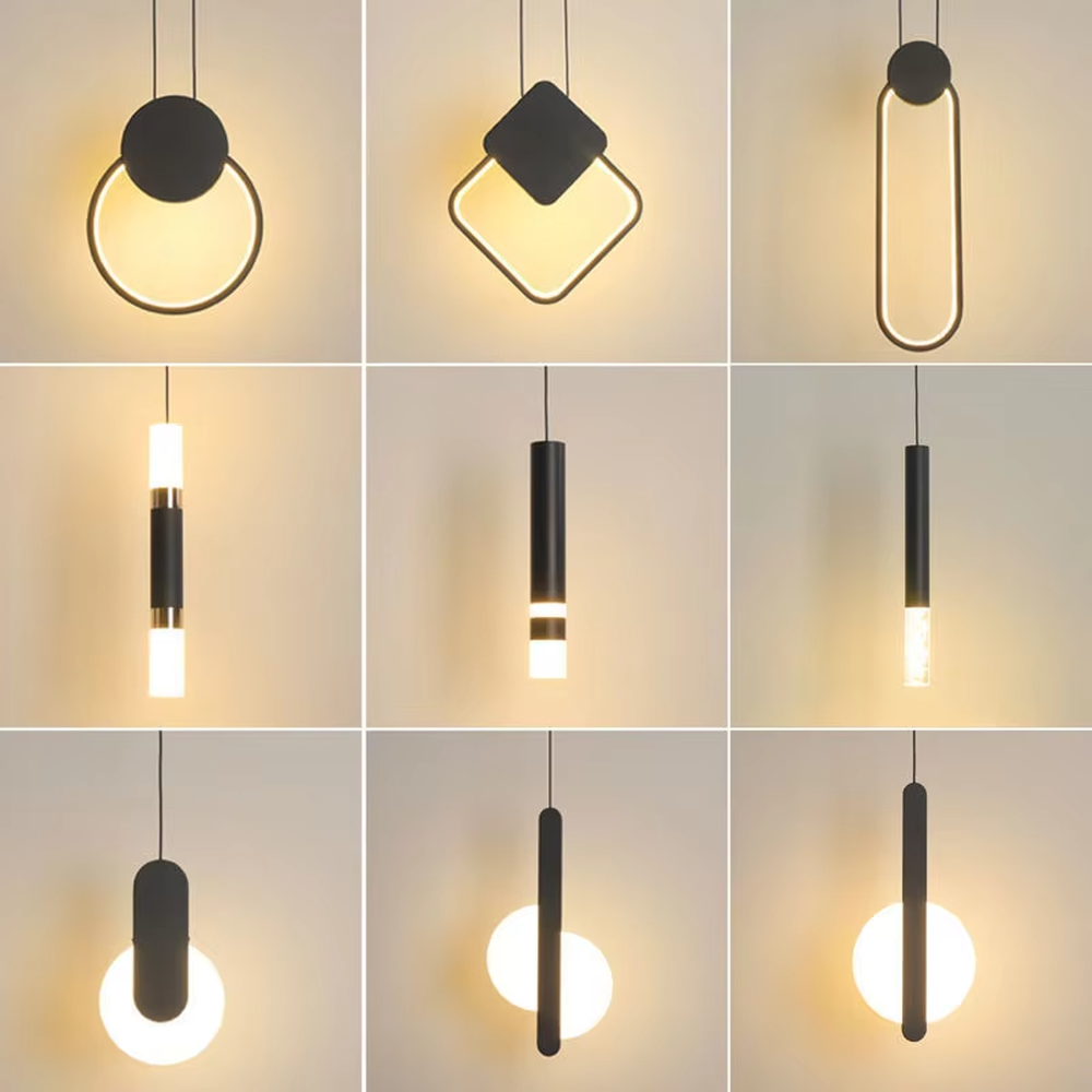 Modern minimalist geometric shape combination hanging lamp, three shapes (circle/diamond/long ellipse) + black-brown line lamp body + thin suspension rope, soft and uniform light, creating a simple high-end home atmosphere.