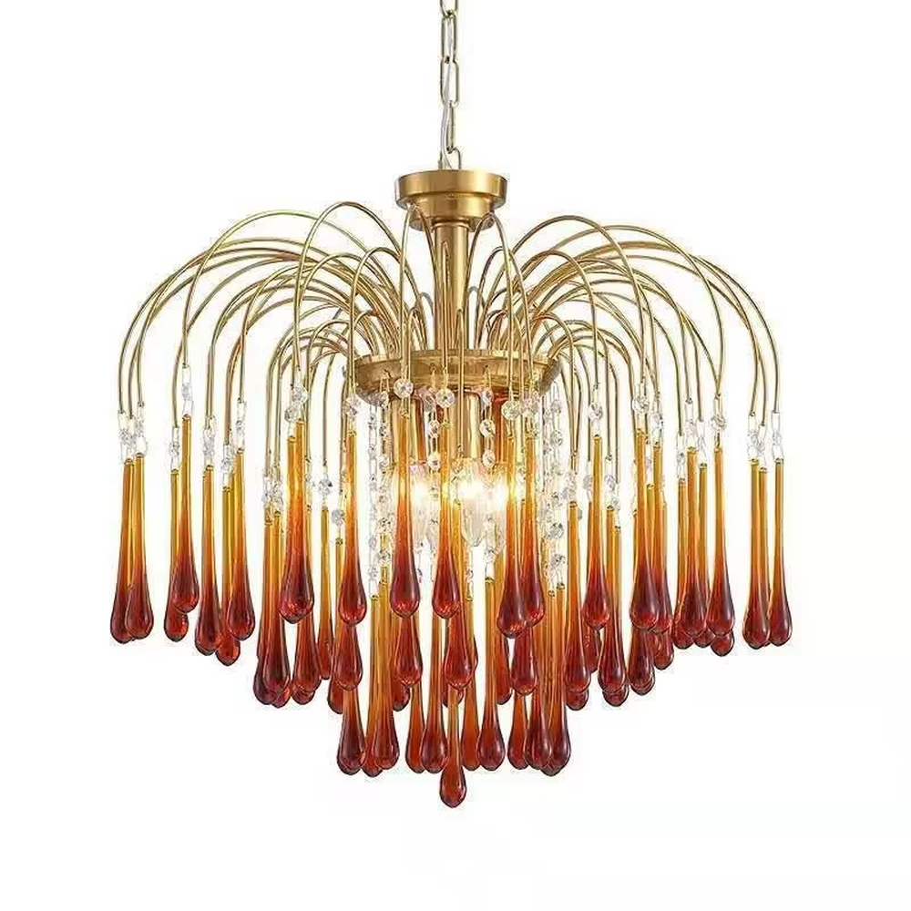 Vintage light luxury golden metal wireframe amber waterdrop glass chandelier, warm light effect, creating a cozy vintage luxurious atmosphere.