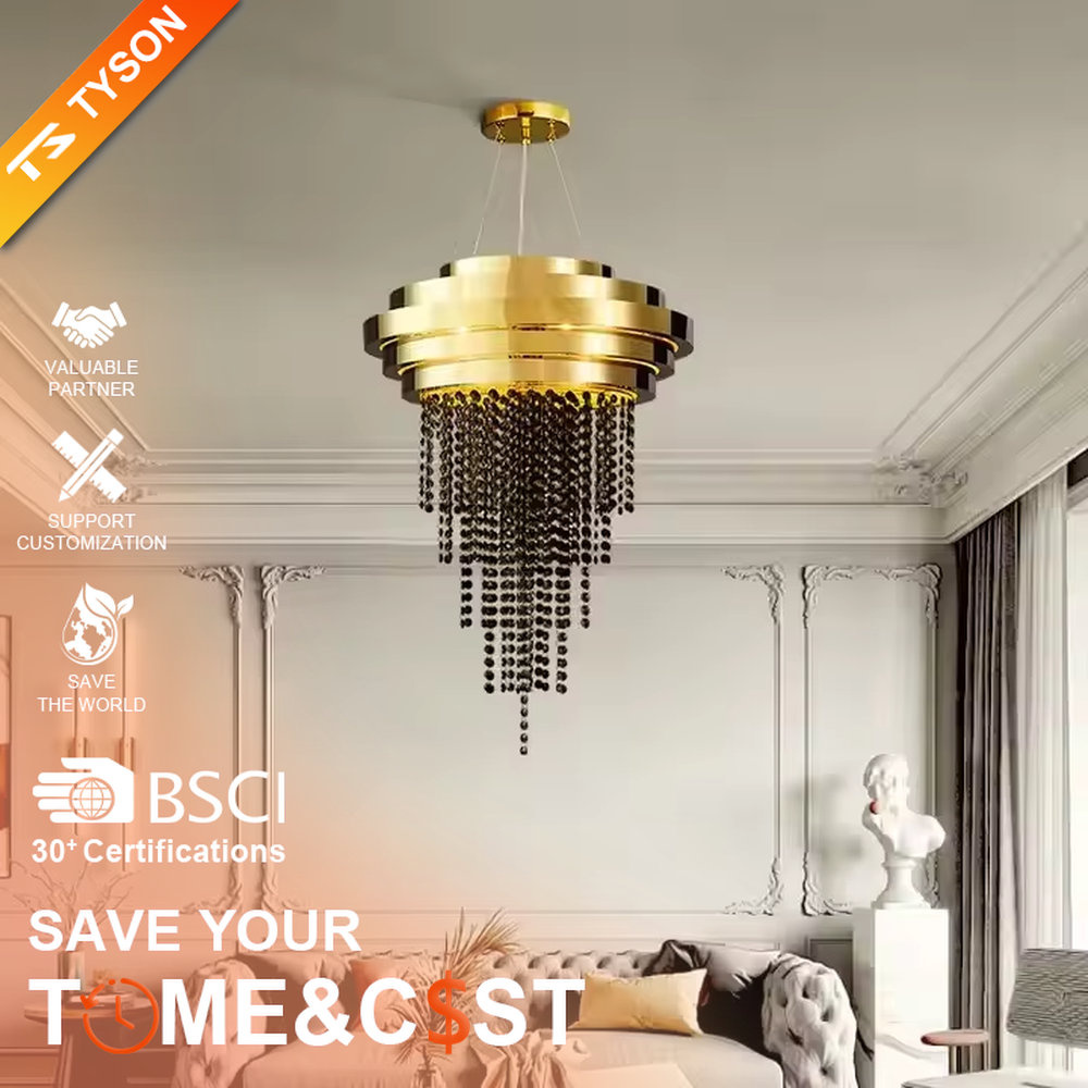 Modern light luxury gold-top black crystal string chandelier, golden multi-layer ring top + black crystal string decoration, brilliant and high-end lighting, creating a luxurious texture space atmosphere.
