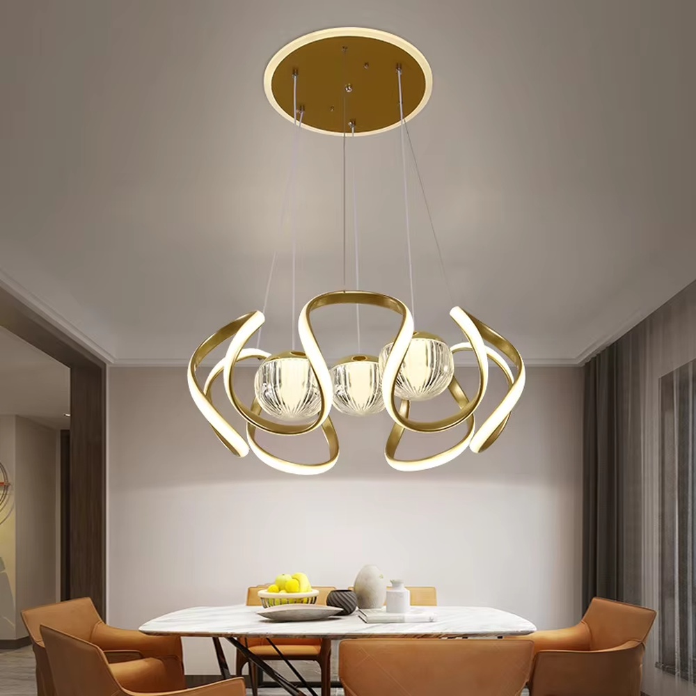 This light luxury gold ring chandelier consists of interlaced metal light strips and textured crystal lamp shades, shaped like blooming flowers with soft, artistic lines. It serves both lighting and decorative purposes, ideal for modern light luxury home and commercial spaces such as dining rooms and living rooms.