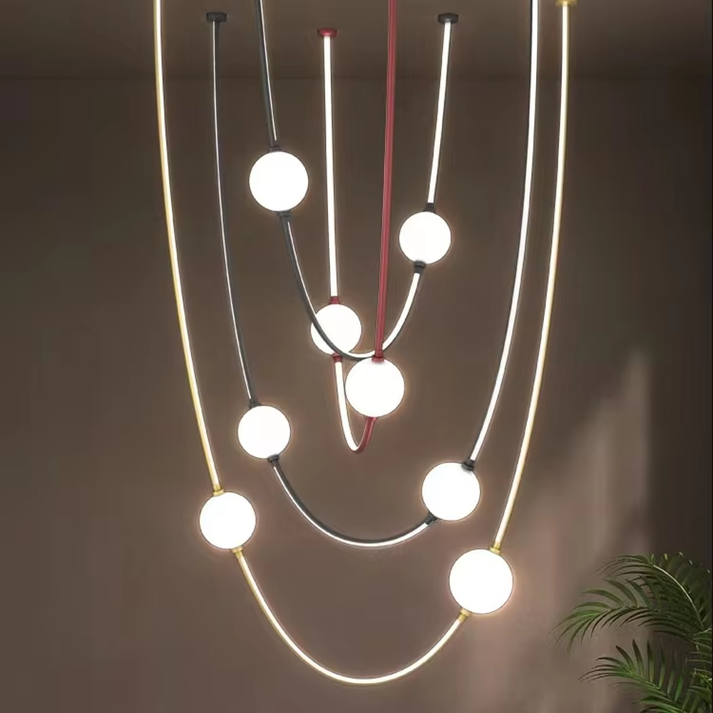 Modern creative curved frame hanging chandelier, black curved metal frame + white light strip + white spherical lampshades, soft and flexible lighting, creating an artistic minimalist atmosphere.