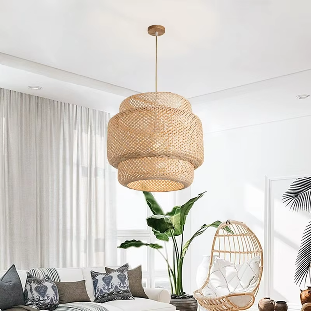 This is a multi-layered rattan round chandelier, woven from natural rattan, with a simple and layered design, exuding a natural pastoral atmosphere. It is used for space lighting and decoration, creating a warm and natural ambiance. It is suitable for Nordic-style home living rooms, homestay guest rooms, pastoral-style restaurants, casual cafes and other places.
