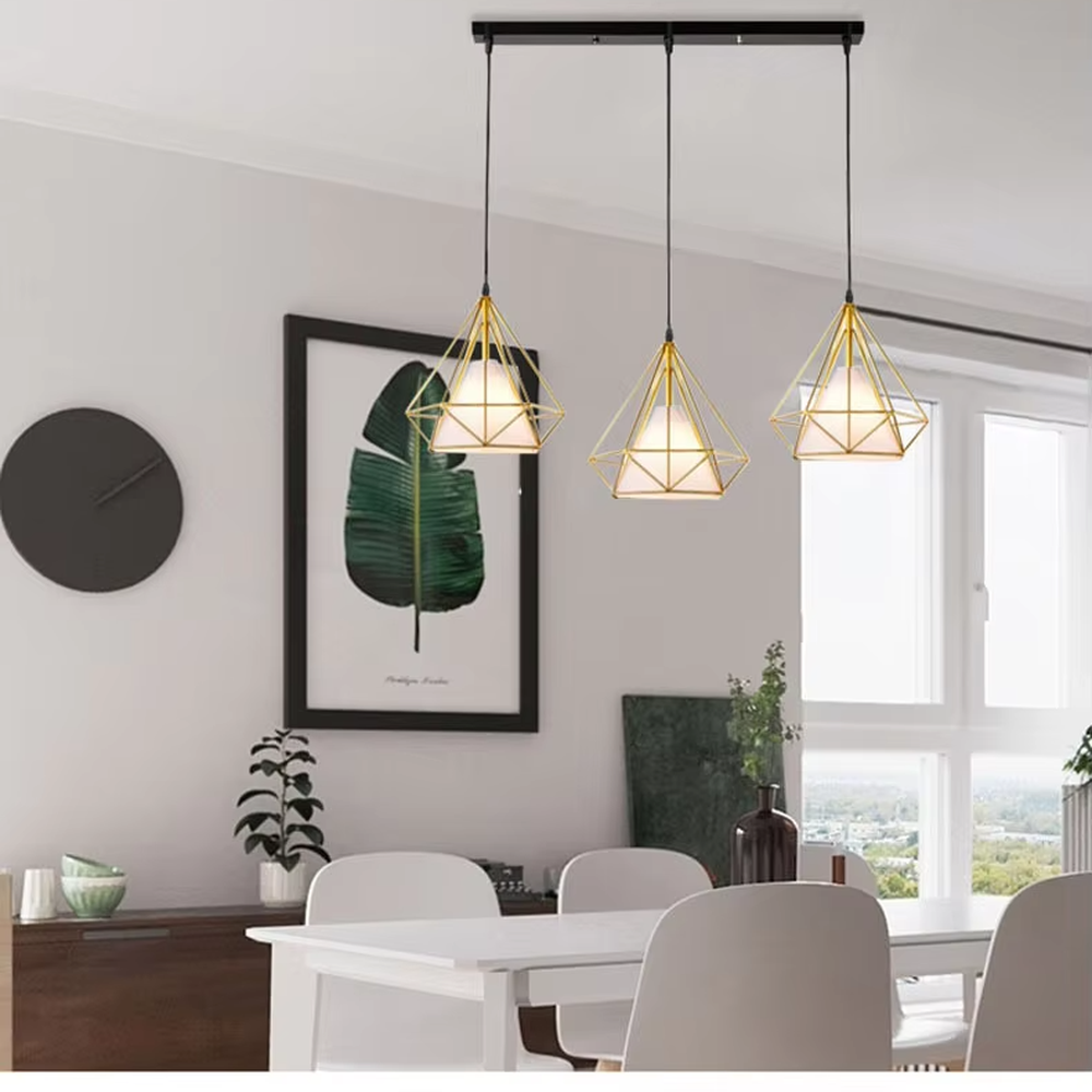 Nordic industrial style three-head iron chandelier, with black geometric rhombus metal frames and semi-transparent lampshades, three-head side-by-side design, soft and even light, used for lighting and decoration in dining tables, bars and other areas, suitable for modern minimalist, industrial style home and commercial spaces