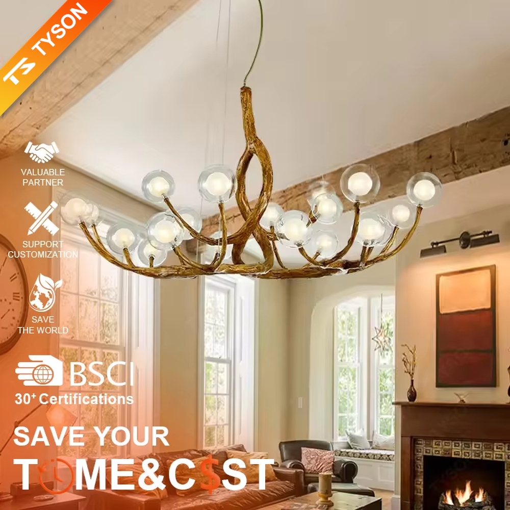 This is a luxury natural-style branch-shaped chandelier with golden metal branch-like brackets and multiple transparent spherical lampshades. It features a highly artistic design with a natural luxury ambiance. It is used for space lighting and decoration, creating a natural artistic visual focus. It is suitable for luxury-style home living rooms, art villa spaces, high-end music rooms and other places.
