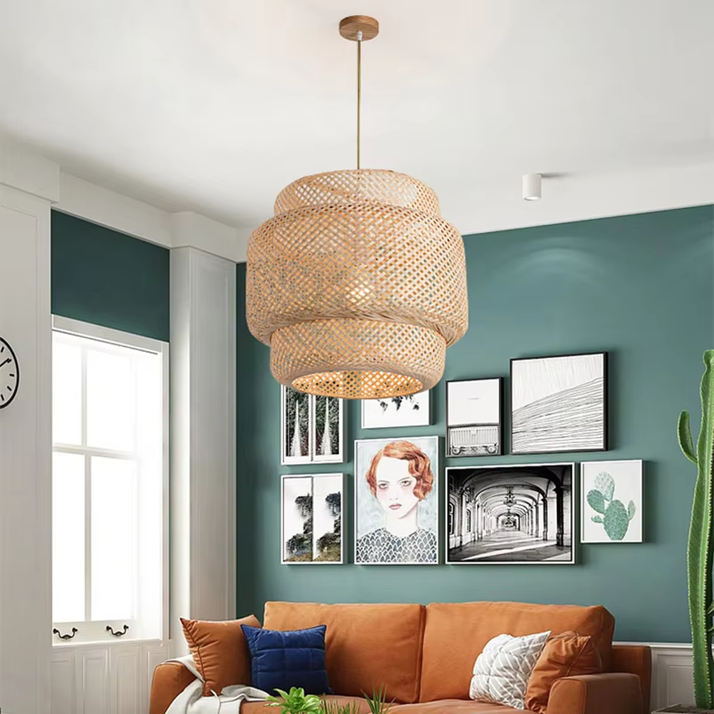 This is a multi-layered rattan round chandelier, woven from natural rattan, with a simple and layered design, exuding a natural pastoral atmosphere. It is used for space lighting and decoration, creating a warm and natural ambiance. It is suitable for Nordic-style home living rooms, homestay guest rooms, pastoral-style restaurants, casual cafes and other places.