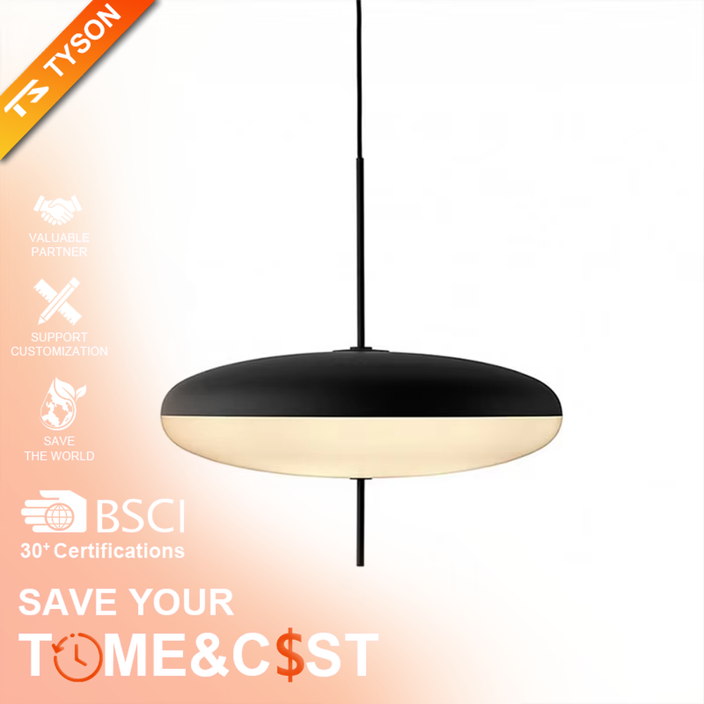 This modern minimalist flat round chandelier features a milky white frosted acrylic lampshade, paired with a thin black suspension rod, transmitting light softly. It serves both lighting and decorative purposes, ideal for modern minimalist spaces such as living rooms, bedrooms, and light luxury restaurants.