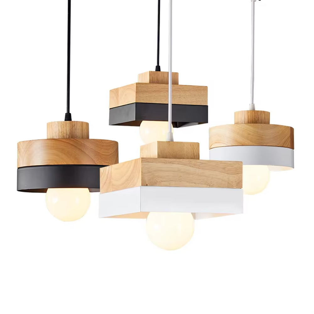 Log white ring minimalist chandelier (log + white ring splicing frame + milk-white glass ball), warm light effect, creating a natural and fresh home atmosphere.