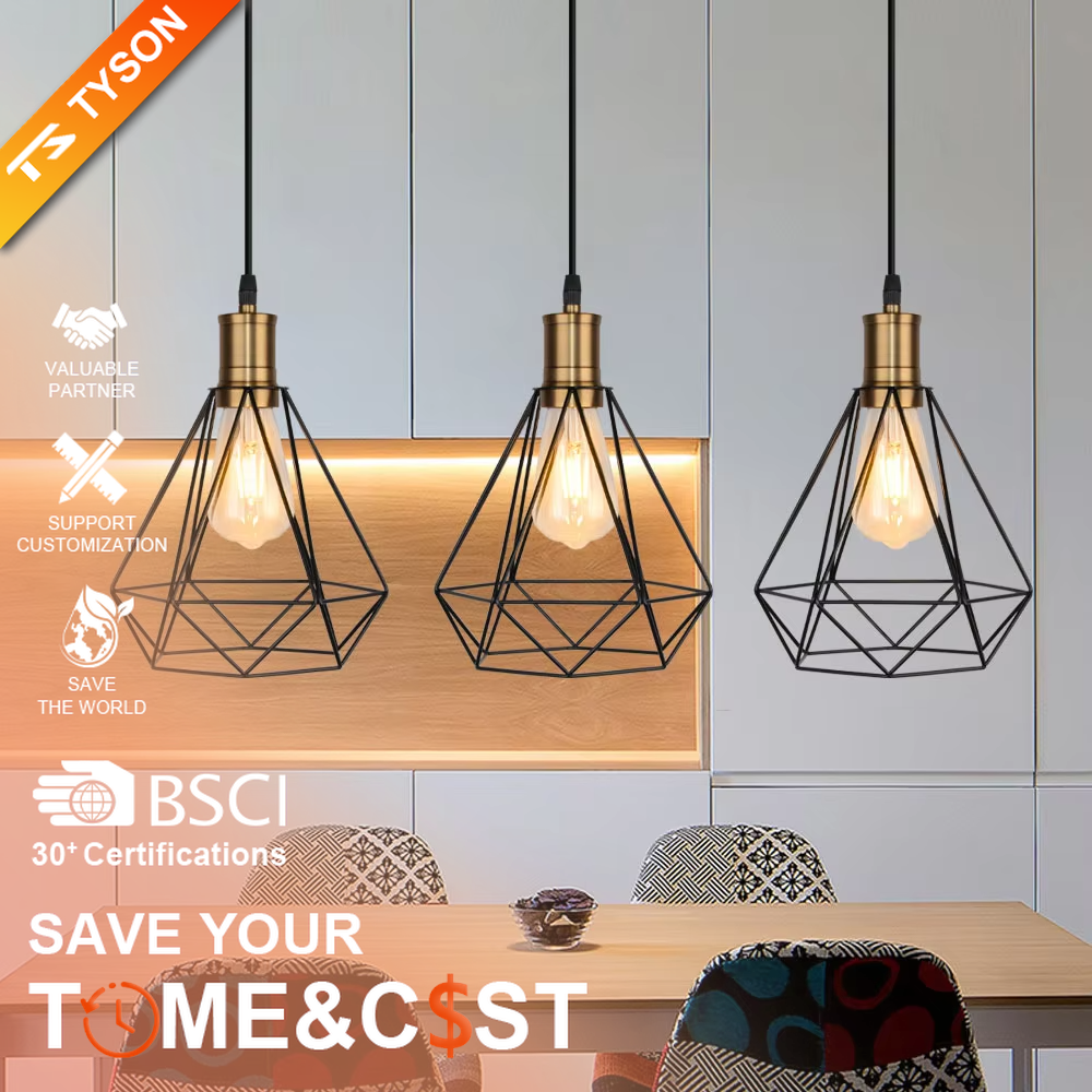 Nordic industrial style three-head iron chandelier, with black geometric rhombus metal frames and semi-transparent lampshades, three-head side-by-side design, soft and even light, used for lighting and decoration in dining tables, bars and other areas, suitable for modern minimalist, industrial style home and commercial spaces