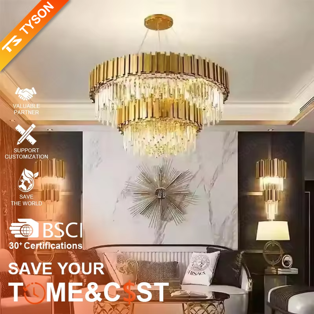 This is a luxurious modern-style golden column crystal chandelier, with a golden metal column structure and transparent crystals, featuring a grand and luxurious design, brilliant lighting. It is used for space lighting and decoration, creating a high-end luxurious atmosphere. Suitable for luxury villa living rooms, high-end hotel lobbies, light luxury-style restaurants and other places.