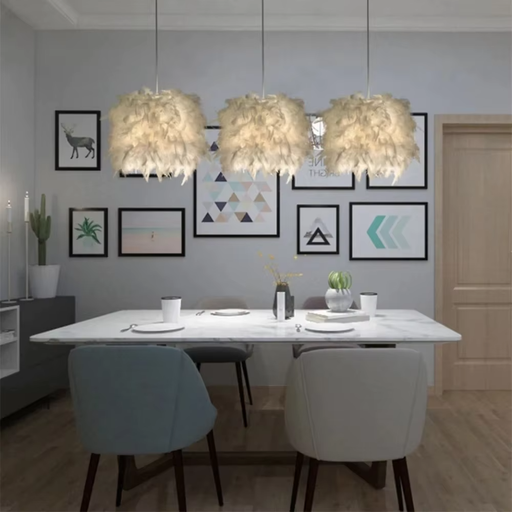 Dreamy feather spherical chandelier (pure white feather lampshade + thin hanging wire), warm light effect, creating a soft and healing space atmosphere.