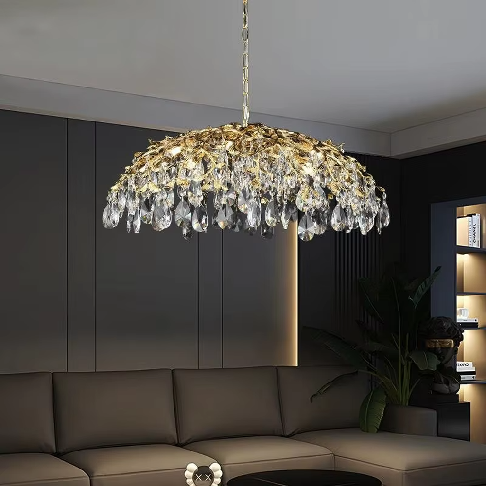 This is a luxurious arc-shaped crystal chandelier, composed of numerous translucent crystal components. It has a full and layered shape, dazzling under the light, showing a luxurious texture. It is used for space lighting and artistic decoration, combining practicality and decorativeness to enhance the luxurious atmosphere of the space. It is suitable for high-end residential living rooms, luxury hotel lobbies, high-end restaurants, private clubs and other high-end places.