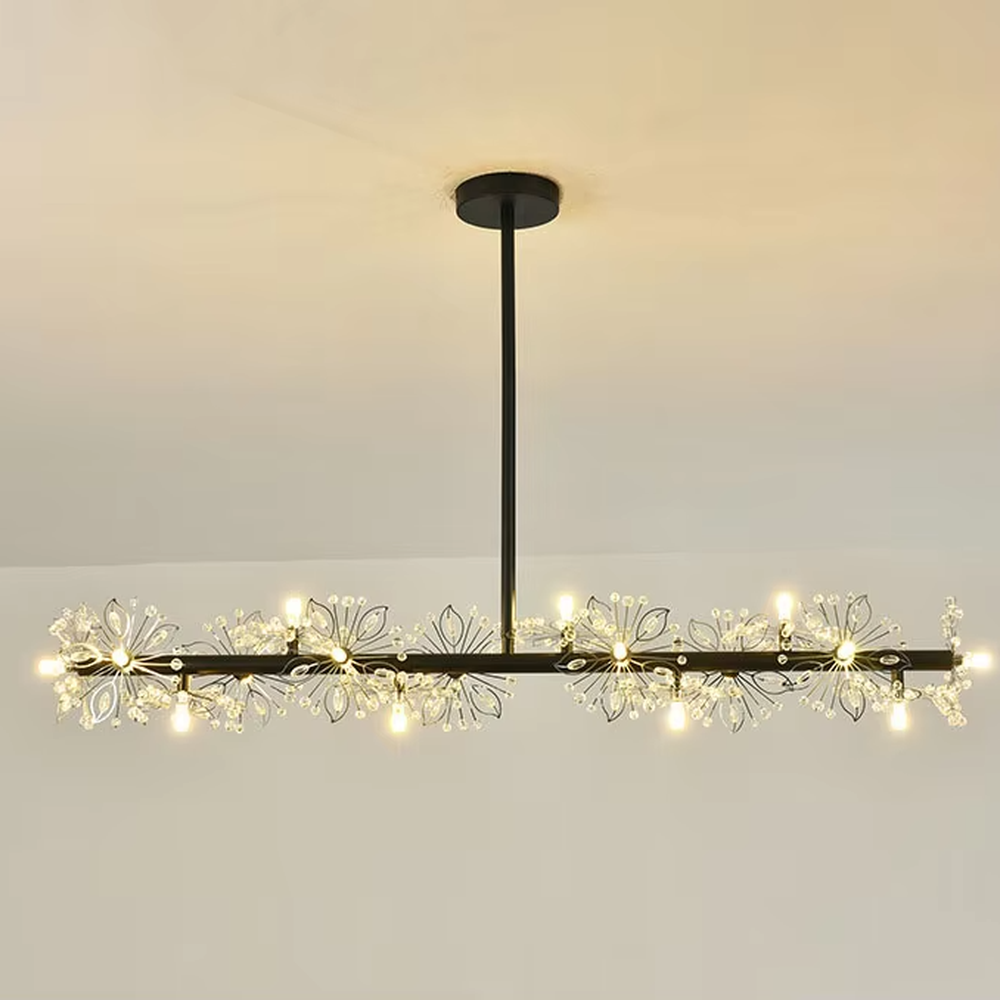Art flower cluster bar chandelier (black frame + crystal flower clusters + warm light), warm light effect, creating a dynamic and exquisite light luxury home atmosphere.