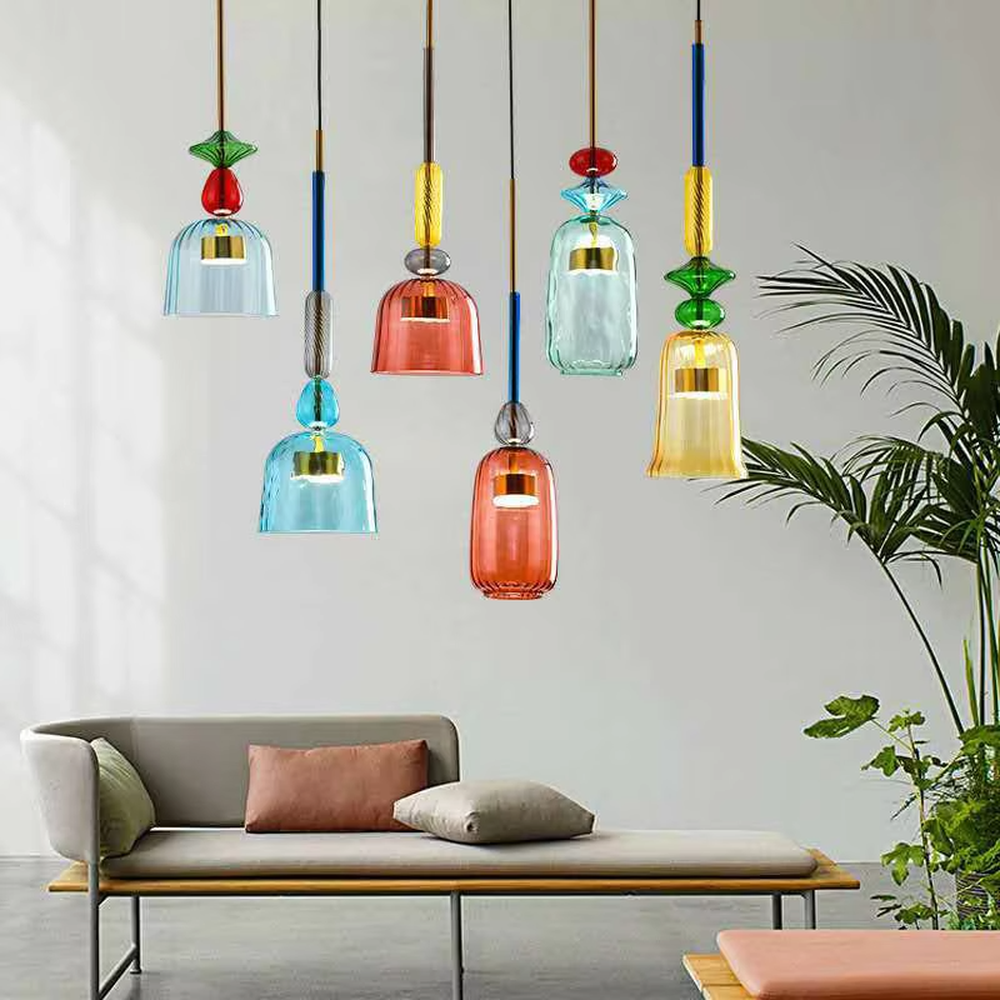 Retro colorful glass bell chandelier (multi-color combination), warm light effect, creating a lively and fresh artistic space atmosphere.