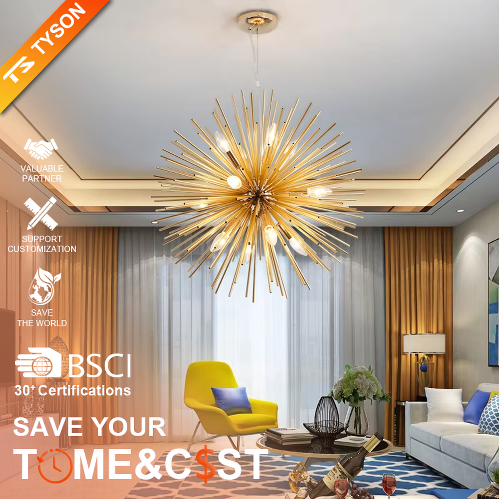 Light luxury golden firework radial-shaped hanging chandelier, radial metal strips + multi-bulb design, brilliant and vivid lighting, creating a vintage artistic atmosphere.
