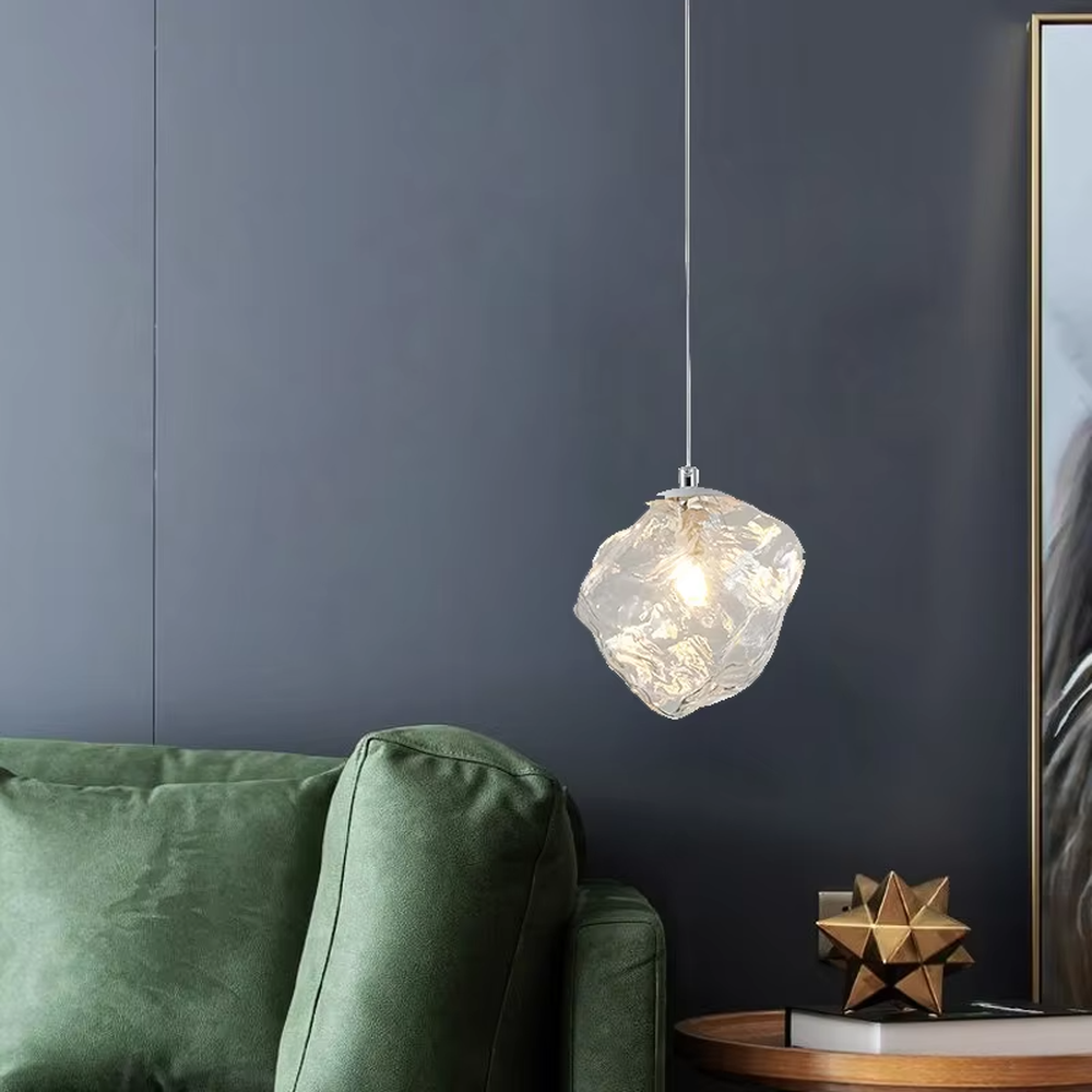 Art crystal stone glass chandelier (irregular crystal stone texture glass shade + metal hanging rod), warm light effect, creating a high-end artistic space atmosphere.