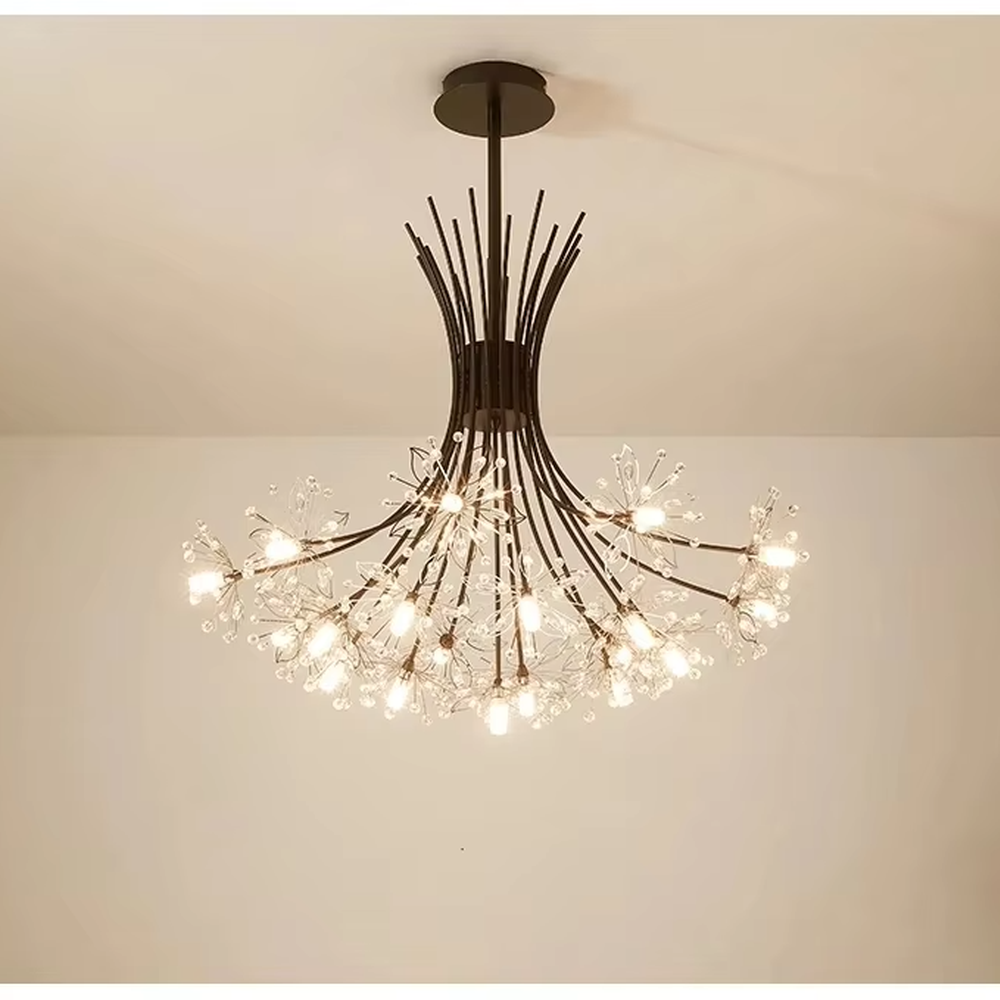 Art flower cluster bar chandelier (black frame + crystal flower clusters + warm light), warm light effect, creating a dynamic and exquisite light luxury home atmosphere.