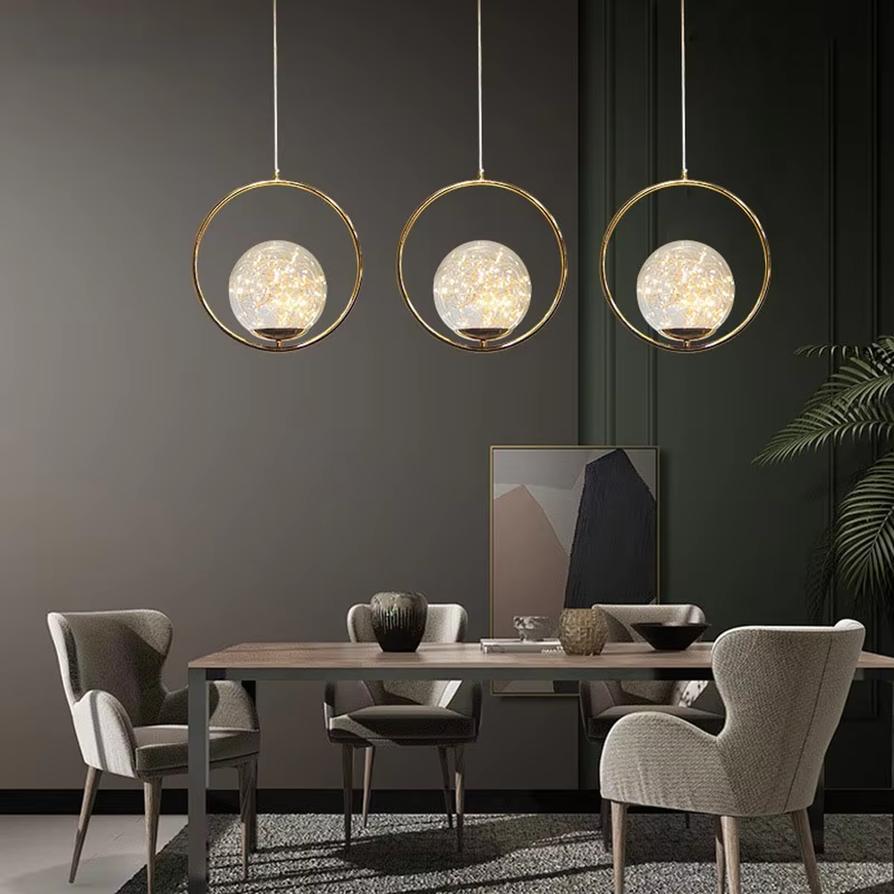 Light luxury gold ring firework glass ball chandelier (three-set model + warm light), warm light effect, creating a brilliant and high-end home atmosphere.