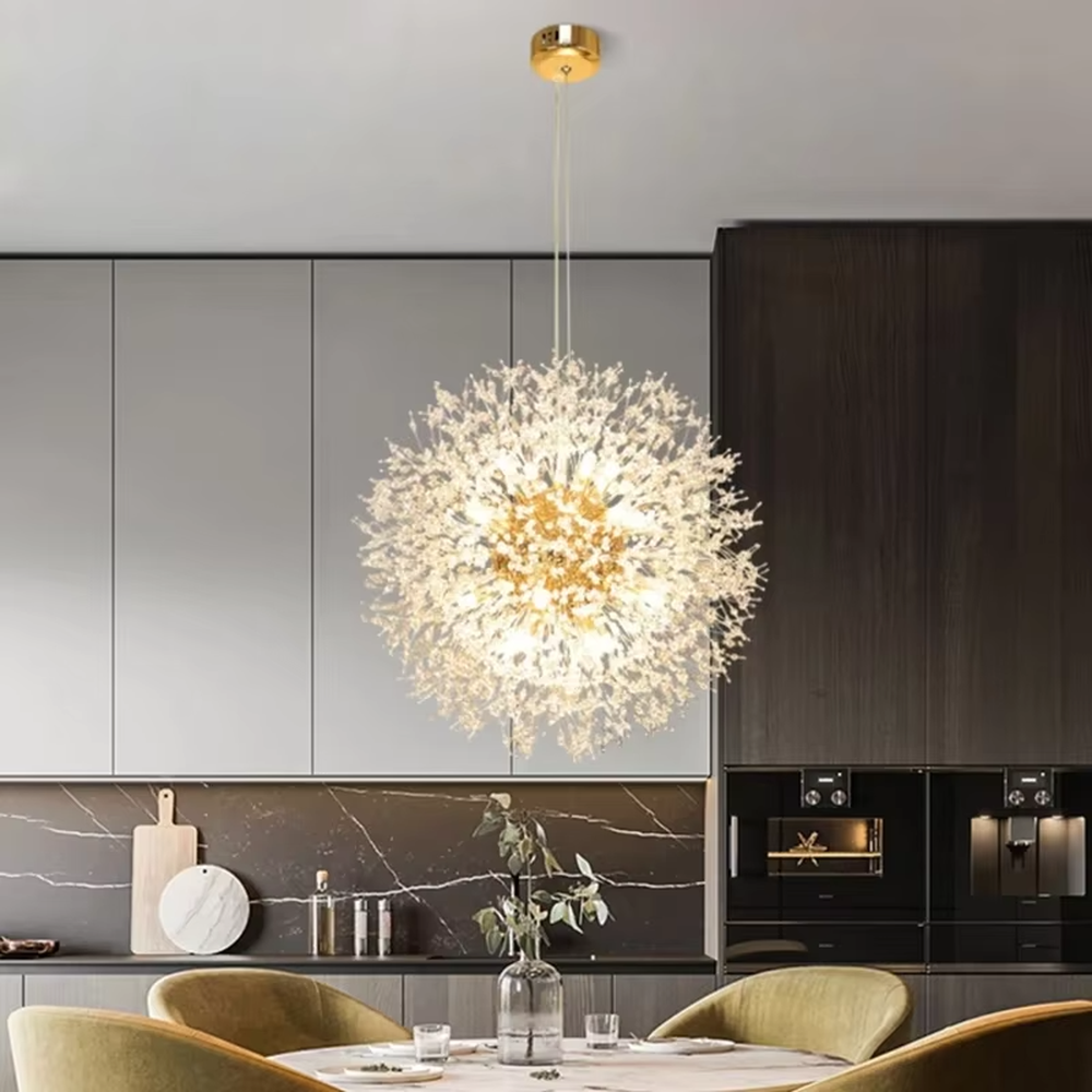 Art firework ball chandelier (gold-white starburst shape + warm light), warm light effect, creating a brilliant and romantic light luxury home atmosphere.