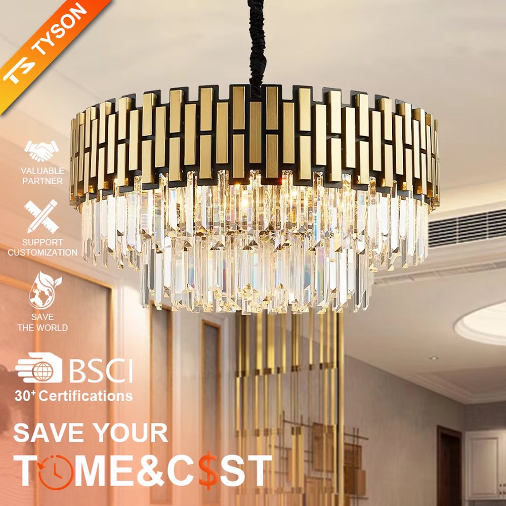 Light luxury black-gold strip frame circular crystal chandelier, decorated with pendant transparent crystal strips, brilliant and gorgeous lighting, creating a high-end light luxury atmosphere.