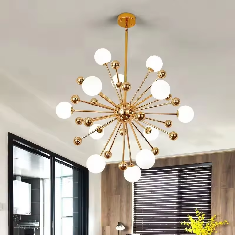 This is a modern molecular-style chandelier with a golden metal frame in a radial design, paired with multiple white spherical lampshades. It features a simple and stylish design with artistic sense. It is used for space lighting and decoration, creating a modern luxury ambiance. It is suitable for modern home living rooms, luxury apartment living areas, creative studios and other places.