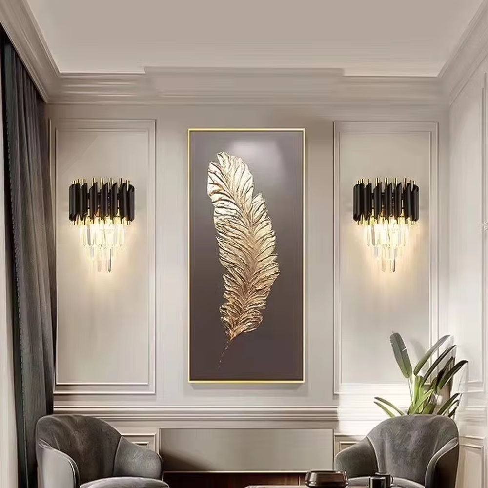 This is a luxury black-gold crystal chandelier, with black-gold metal columns and multi-layer transparent crystals, featuring a modern luxury design with brilliant and grand lighting. It is used for space lighting and decoration, creating a high-end luxury atmosphere. It is suitable for luxury-style home living rooms, high-end restaurants, luxury clubs and other places.