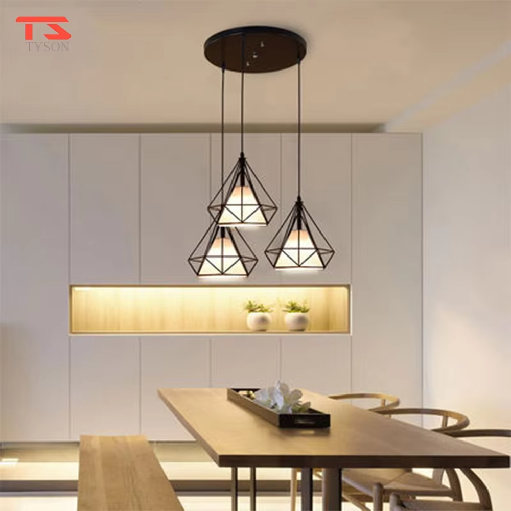 Nordic style three-head geometric iron chandelier, featuring a black rhombus metal frame design with soft and even light, used for lighting and decoration in dining tables, bars and other areas, suitable for modern minimalist, industrial style home and commercial spaces