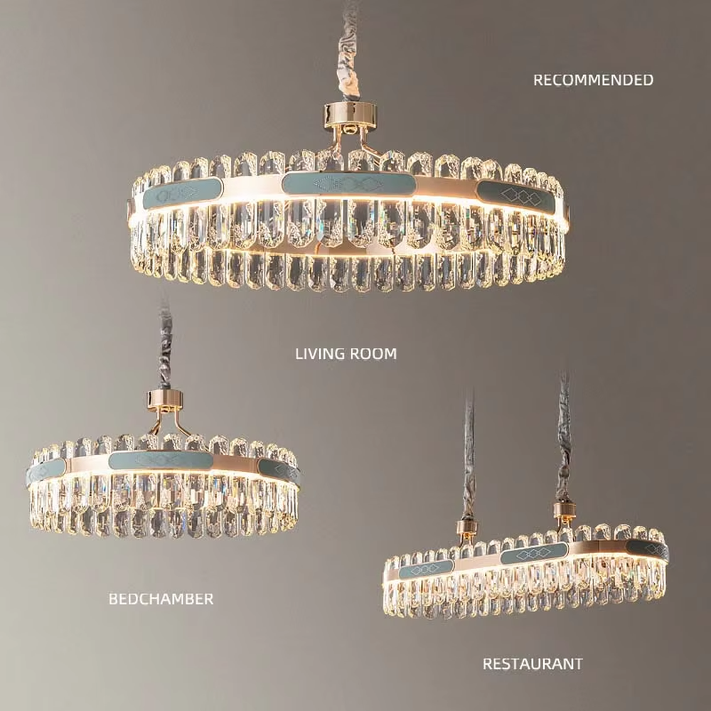 Light luxury circular crystal chandelier, golden metal frame paired with transparent crystals and blue-green decorative blocks, brilliant and gorgeous lighting, creating a high-end light luxury atmosphere.