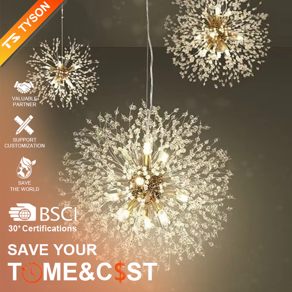 Light luxury art dandelion-shaped cluster chandelier, golden core + transparent slender decorative pieces + multi-bulbs, soft warm light like starlight, creating a light luxury art living room atmosphere.