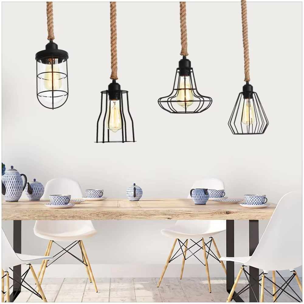 Industrial retro multi-shape jute rope hanging chandelier, black geometric metal frame + jute rope hanger + Edison bulb, warm retro light, creating a rough industrial atmosphere.