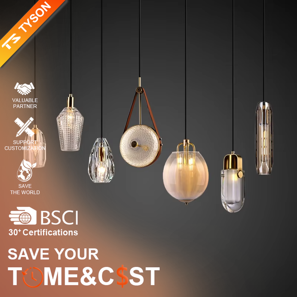 Light luxury gold-decor water-drop glass hanging lamp, golden metal trim + transparent water-drop glass main body, warm light with soft halo, creating a high-end artistic light luxury atmosphere.