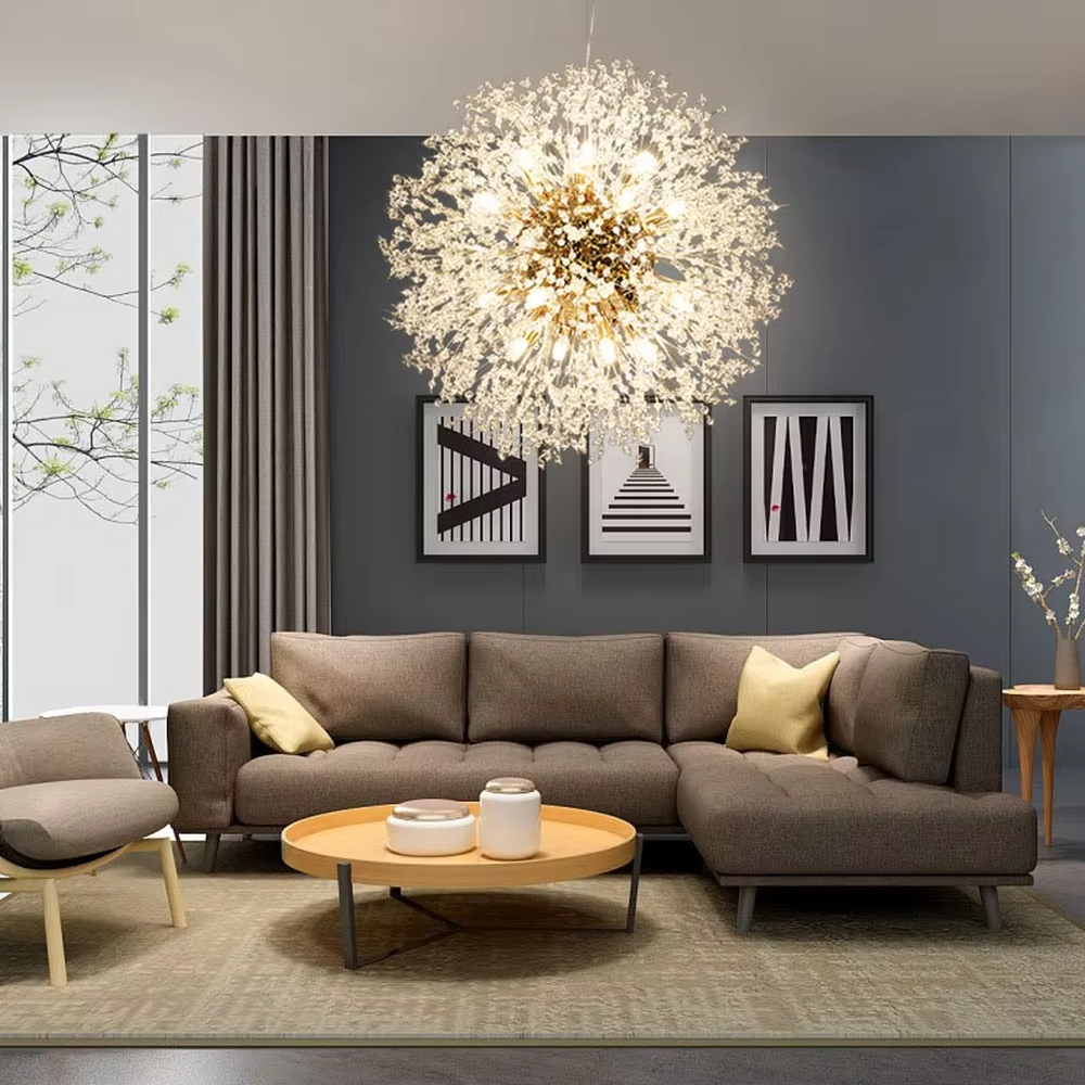 Light luxury art dandelion-shaped cluster chandelier, golden core + transparent slender decorative pieces + multi-bulbs, soft warm light like starlight, creating a light luxury art living room atmosphere.