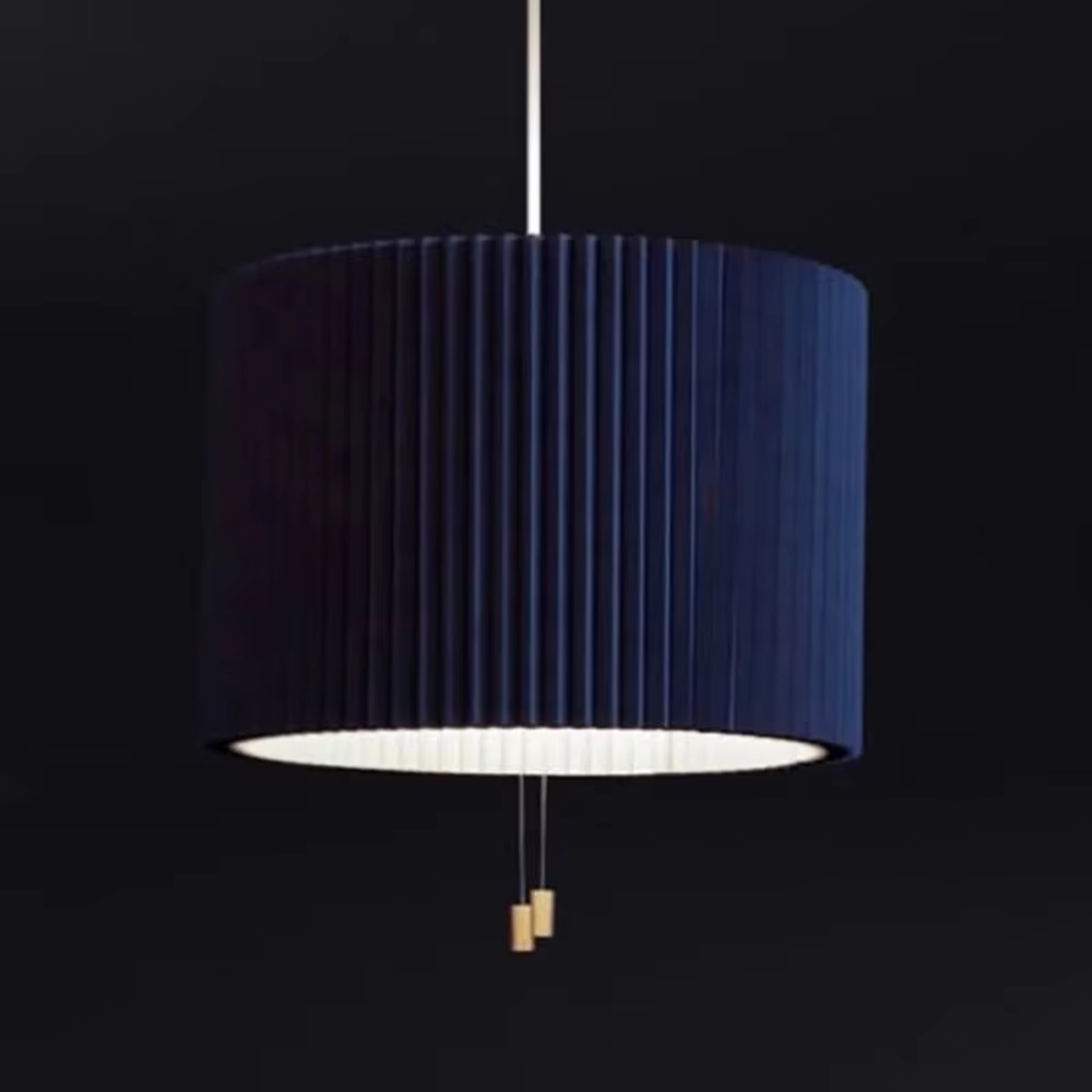 This modern minimalist fan-shaped chandelier features a light lake blue pleated fabric lampshade with a black edge, in an umbrella-shaped suspended style, serving both lighting and decorative purposes, ideal for modern minimalist spaces such as dining rooms, living rooms, and wabi-sabi cafes.