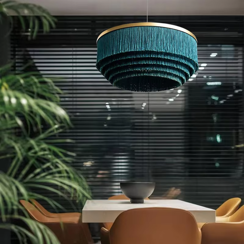 Light luxury gradient pink tassel multi-layer circular chandelier (gold trim decoration), warm light effect, creating a romantic and exquisite space atmosphere.