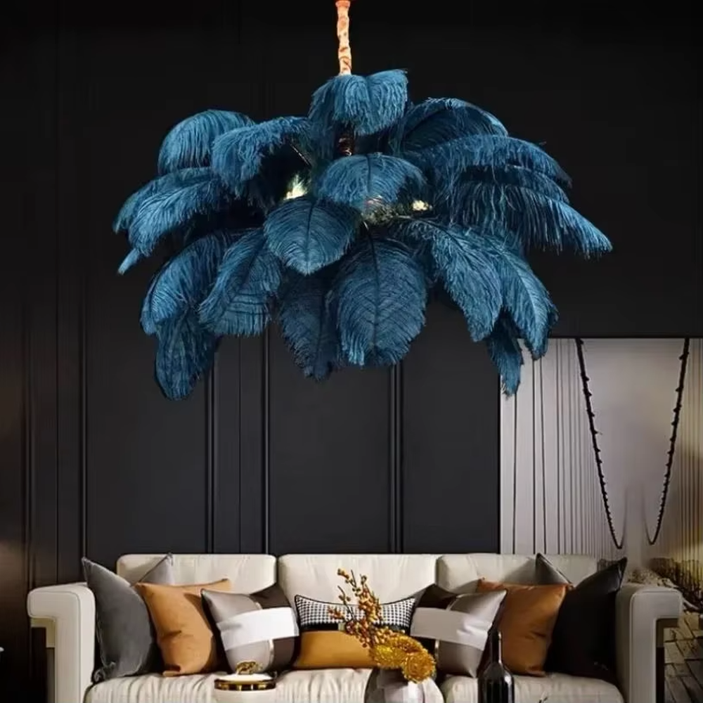 This is an artistic feather-shaped chandelier with layered dark blue feathers, featuring luxurious artistic sense. It is used for space lighting and decoration, creating a romantic and luxurious atmosphere. It is suitable for luxury-style home living rooms, art clubs, high-end homestays and other places.