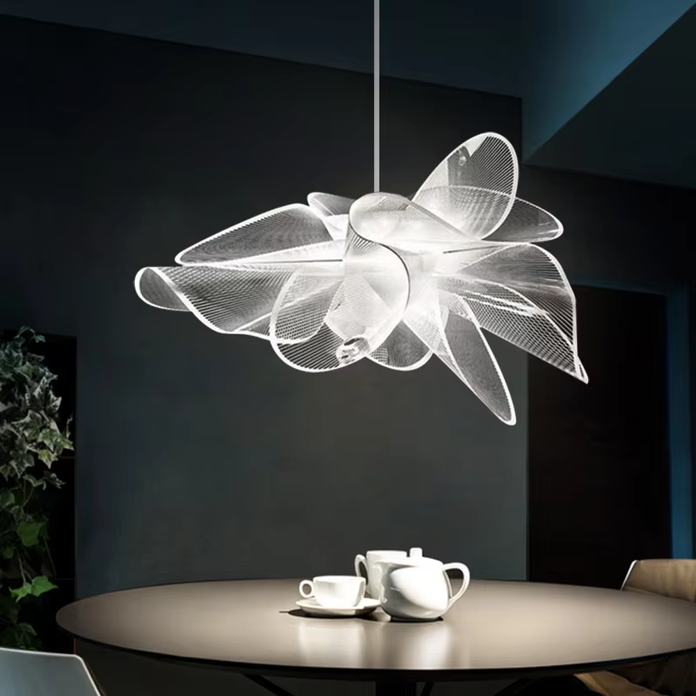 Modern art wing-shaped mesh transparent hanging lamp, minimalist stretched shape + transparent material, soft hazy light, creating a minimalist art atmosphere.