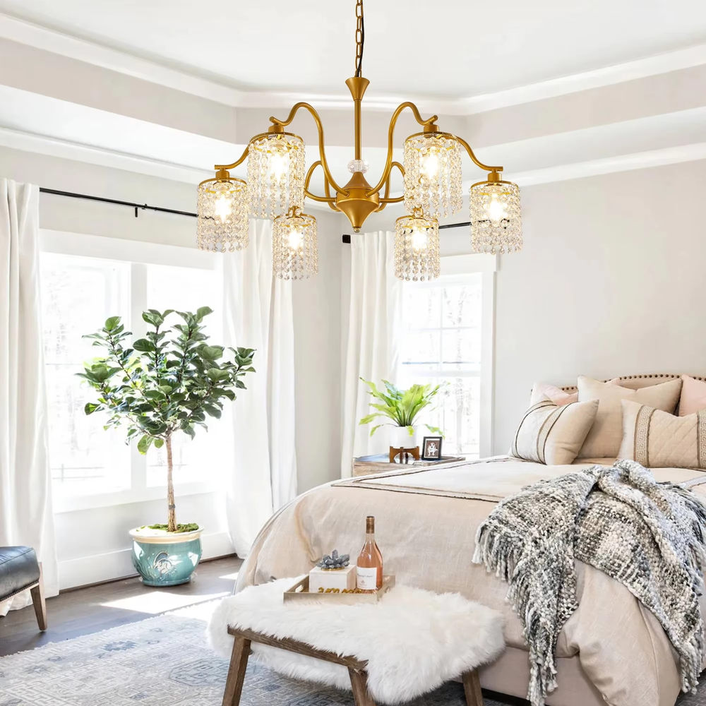 This is a luxury retro-style branch chandelier with a golden frame and six crystal lampshades, featuring an elegant and grand design that shines brilliantly under light. It is used for space lighting and decoration, creating a luxurious and warm ambiance. It is suitable for luxury-style home bedrooms, living rooms, high-end homestay guest rooms, retro-style restaurants and other places.