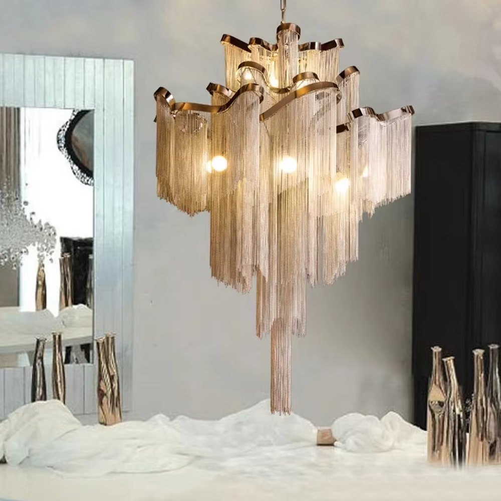 Light luxury waterfall crystal chain chandelier (warm light), warm light effect, creating a luxurious and soft high-end space atmosphere.