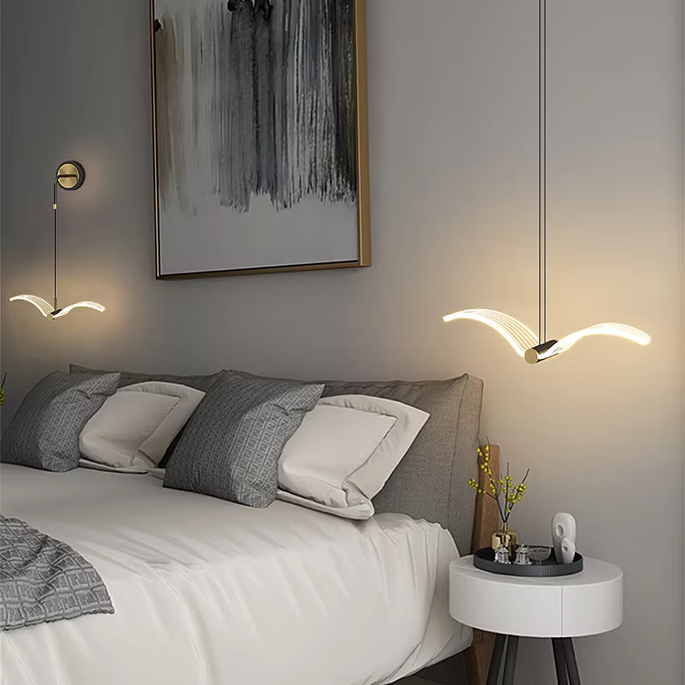 Modern artistic wave-shaped multi-line hanging chandelier, white light strip + black-silver connector, soft and warm lighting, creating a minimalist artistic atmosphere.