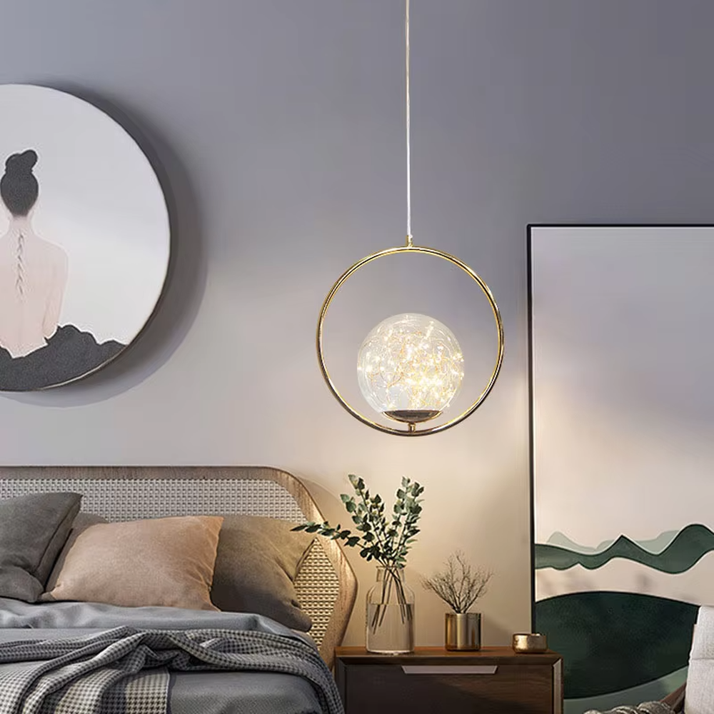 Light luxury gold ring firework glass ball chandelier (three-set model + warm light), warm light effect, creating a brilliant and high-end home atmosphere.