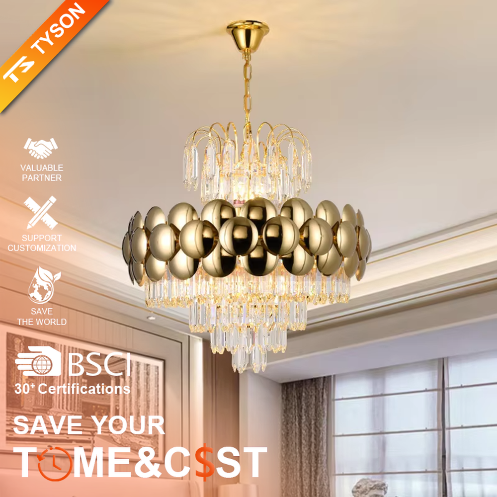 This is a luxurious modern-style golden spherical crystal multi-layer chandelier, combining golden metal spherical elements with multi-layer crystals. It features a grand and luxurious design with brilliant lighting. It is used for space lighting and decoration, creating a high-end luxurious atmosphere. Suitable for light luxury-style restaurants, luxury living rooms, high-end hotel banquet halls and other places.