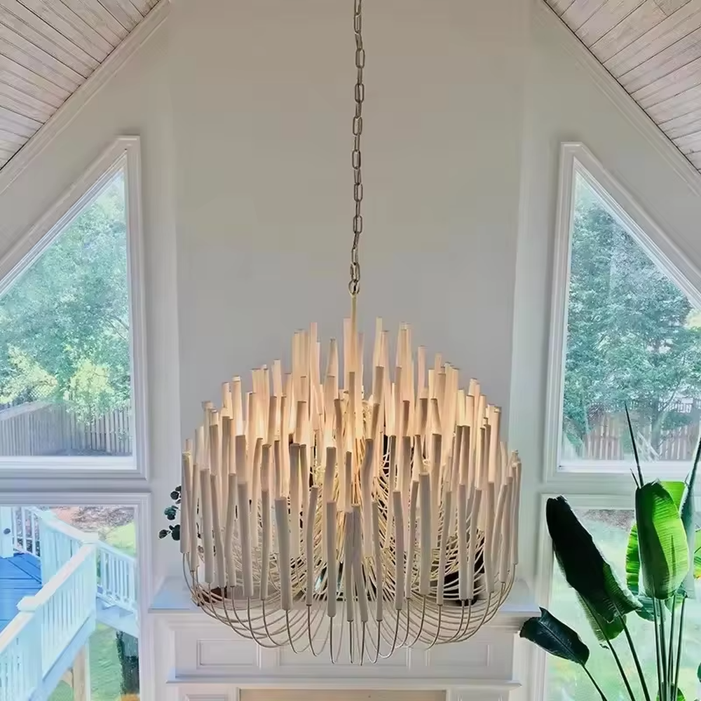 This is a natural-style wooden spherical chandelier, woven into a spherical shape with multiple wooden strips, featuring a simple and rustic design full of natural charm. It is used for space lighting and decoration, creating a warm and natural ambiance. It is suitable for Nordic-style home living rooms, homestay guest rooms, pastoral-style restaurants and other places.