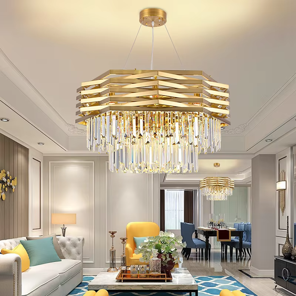 This is a light luxury modern-style golden geometric crystal chandelier, with a multi-layer golden geometric metal frame paired with numerous transparent crystal pendants. It features a grand and luxurious design with brilliant lighting. It is used for space lighting and decoration, creating a light luxury high-end atmosphere. Suitable for light luxury-style living rooms, high-end restaurants, luxury villas and other places.