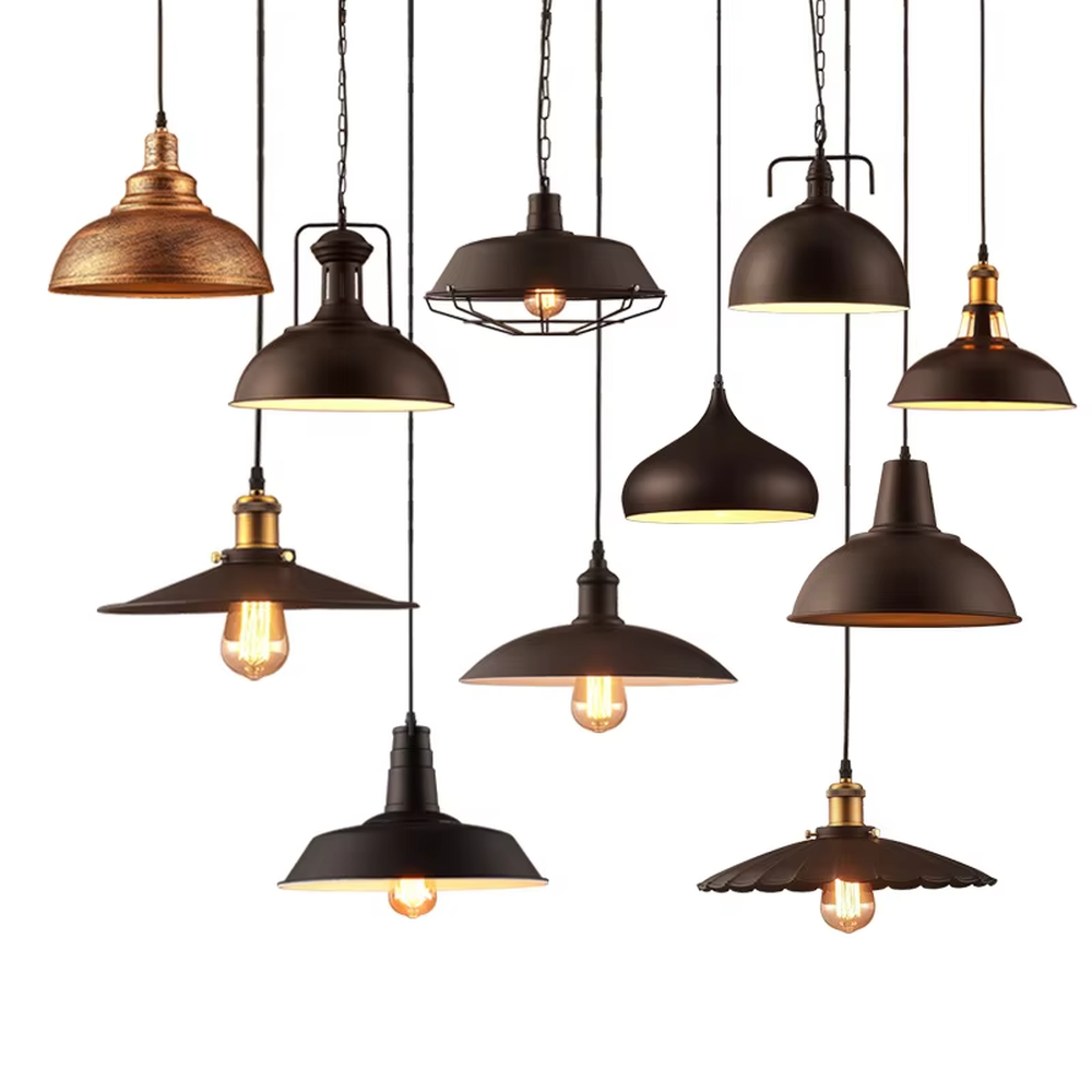 Industrial retro-style brown pleated umbrella-shaped lampshade gold-top pendant light (with Edison bulb), warm light effect, creating a retro literary atmosphere.