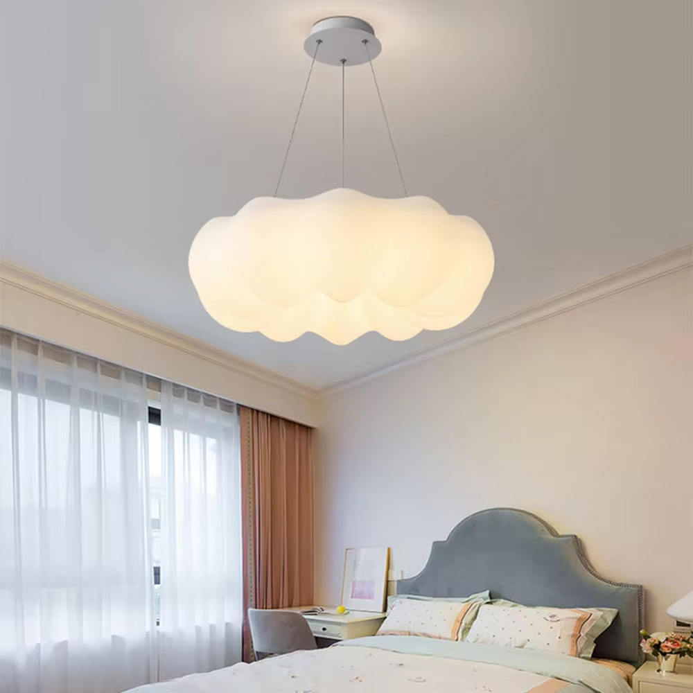 Modern minimalist cloud-shaped soft light chandelier, milk-white translucent material + warm light effect, creating a warm and healing home atmosphere.