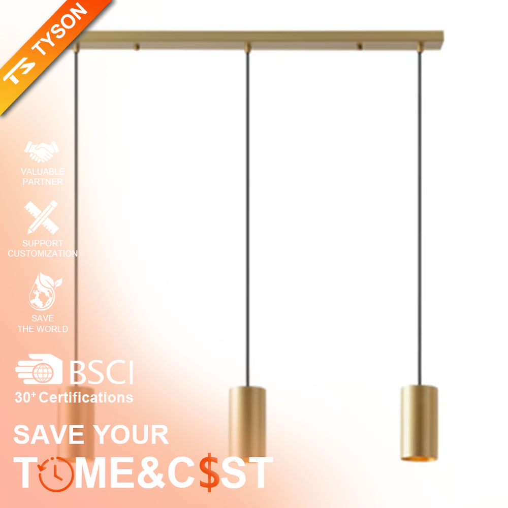 This modern light luxury linear chandelier is made of gold metal, paired with five cylindrical lamp heads, arranged in a linear scattered layout. It serves both lighting and decorative purposes, ideal for modern light luxury spaces such as dining rooms, bars, and open kitchens.