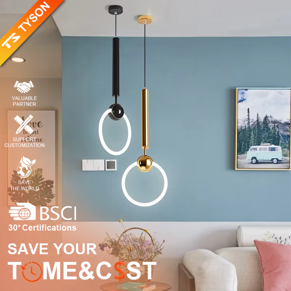 This light luxury small ring chandelier features a gold metal suspension rod, paired with a luminous LED ring and a gold spherical decoration on top, with a simple and elegant shape, serving both lighting and decorative purposes, ideal for dining rooms, bedrooms, light luxury commercial spaces and other scenarios.